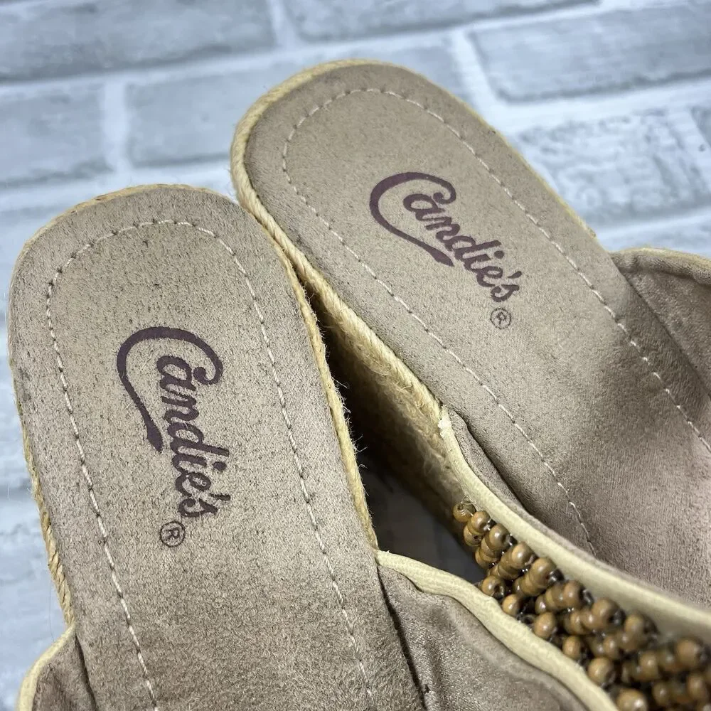 Candie’s Paxsha Women's Size 9 Natural Beaded Thong Wedge Sandals
